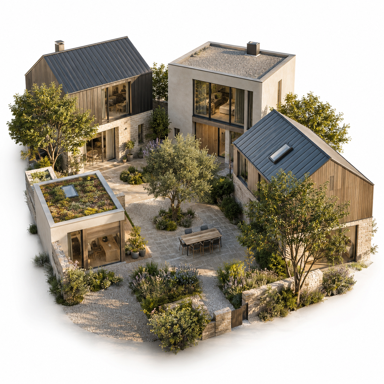 Realistic contemporary homes in stone and timber, surrounding a sunlit garden courtyard.